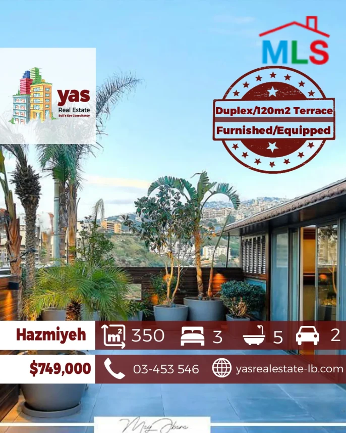 Hazmiyeh 350m2 | 120m2 Terrace | Furnished Duplex | Prime Location |PA