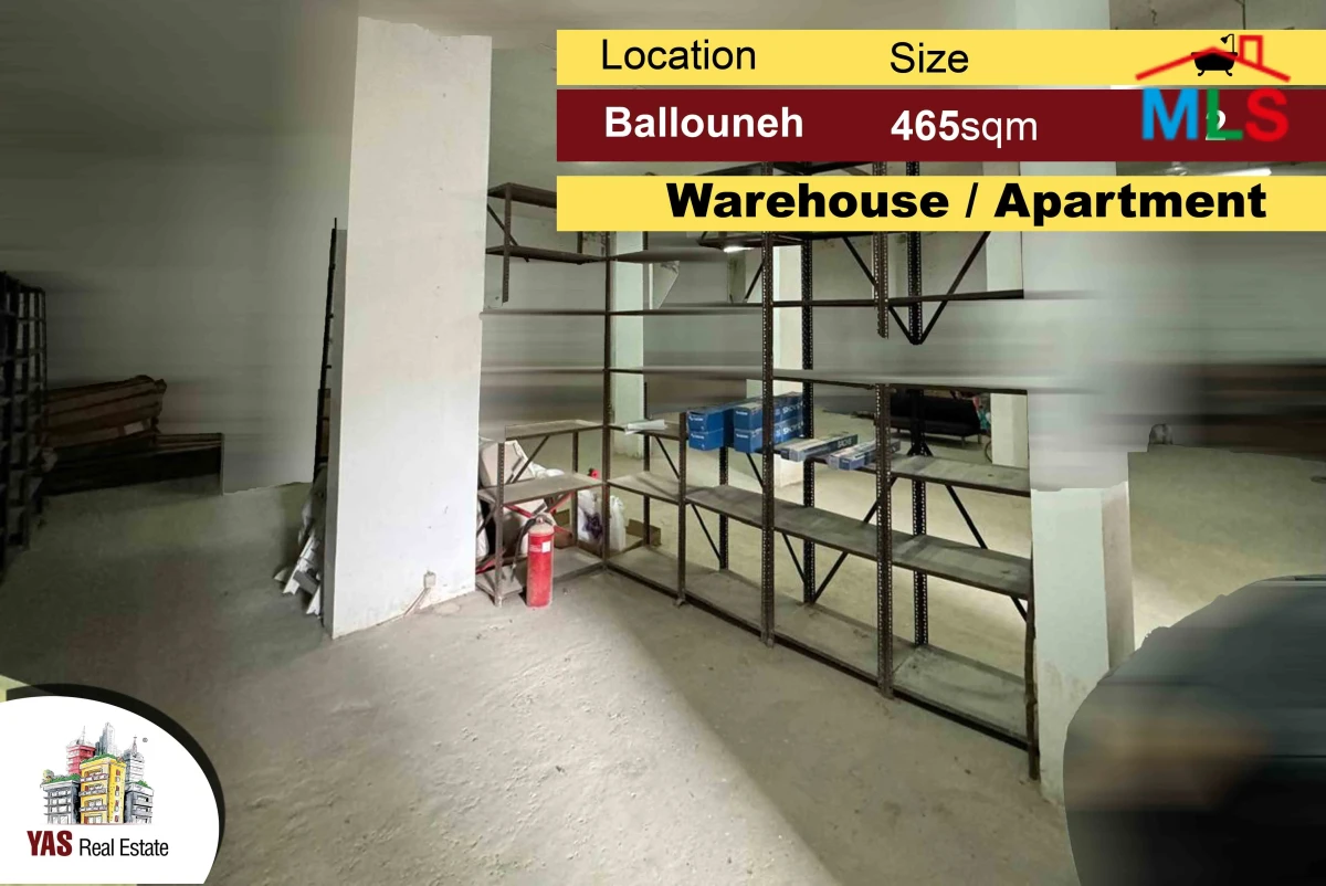 Ballouneh 465m2 Warehouse + Apartment | Road Level | New | Catch