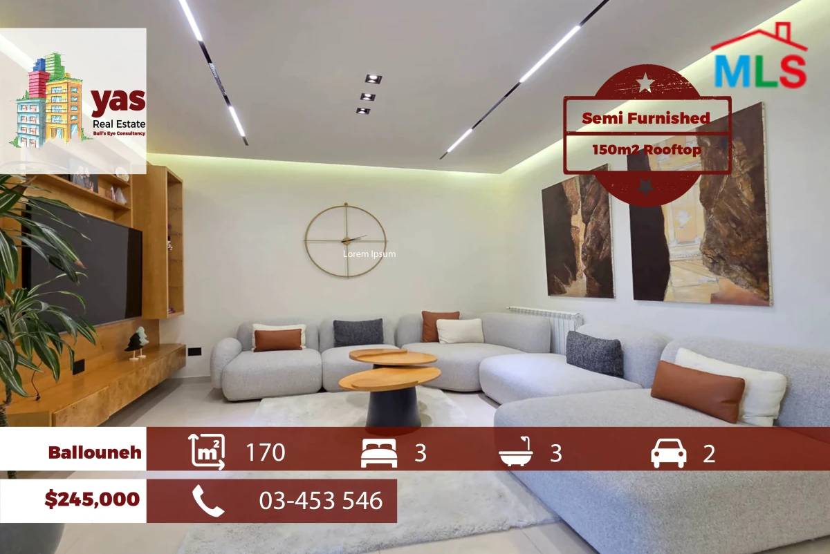 Ballouneh 170m2 | 150m2 Rooftop | Terrace | Semi Furnished | View | TO